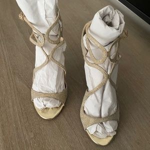 Jimmy Choo Lang 100 Gold Glitter Multi-strap Strappy Caged High Heels Sandals